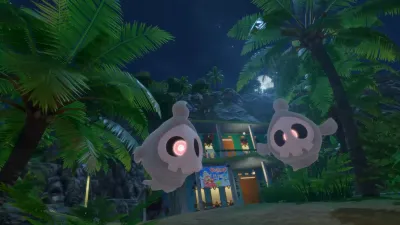 Ghost-like Pokémon floating near a hut at night