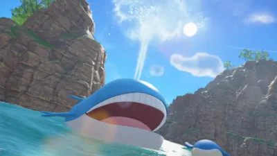 A huge whale-like Pokémon surfacing underwater, seen from below the waves