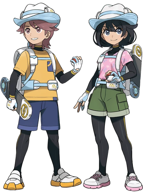 Winds-version protagonists — boy and girl in white sun hats (official render)